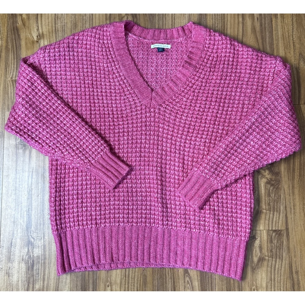 American Eagle Women's Whoa So Cozy Waffle V-Neck Sweater Pink Oversized XS Knit